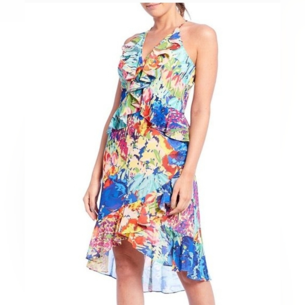 Badgley Mischka Ruffle Multicolor Dress. Size 14. New Without Tags.